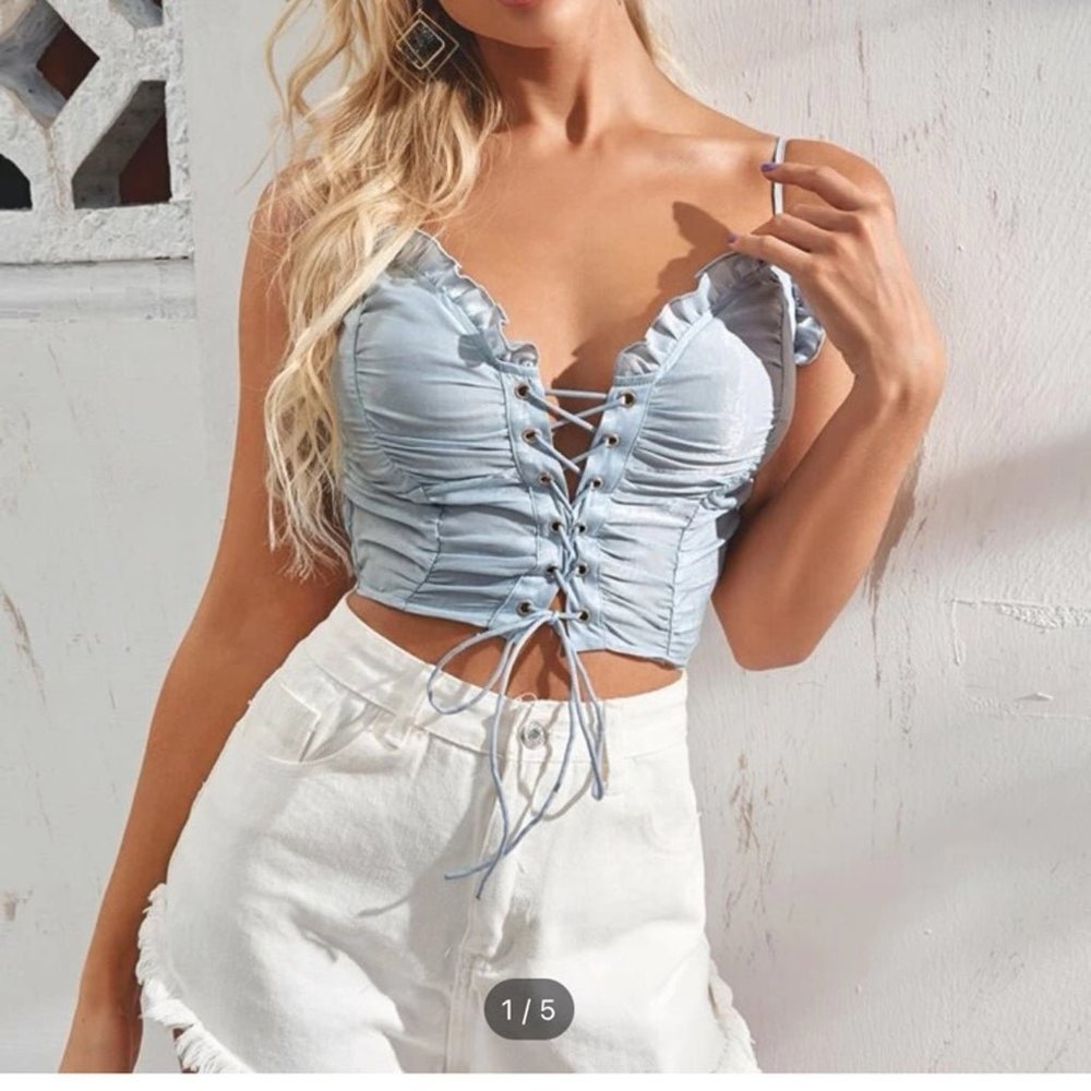 Lace Up Front Shirred Cami Top